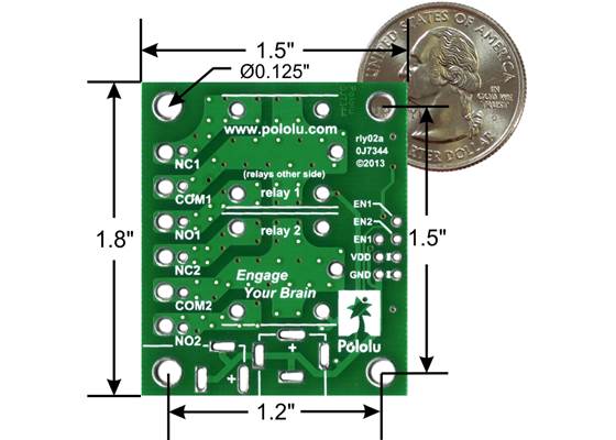 Pololu basic 2-channel SPDT relay carrier with dimensions.