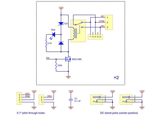 Schematic diagram of the Pololu basic 2-channel SPDT relay carrier with 0.1″ headers.