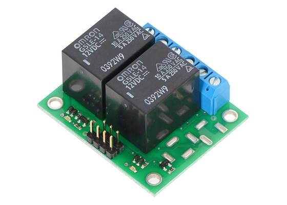 Pololu basic 2-channel SPDT relay carrier with 12&nbsp;VDC relays (assembled).