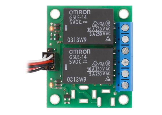 Pololu basic 2-channel SPDT relay carrier with both relays energized (5V version shown, servo cables not included).