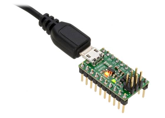 A-Star 32U4 Micro with soldered headers and connected USB cable.