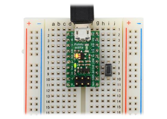 A-Star 32U4 Micro on a breadboard with a reset button connected.