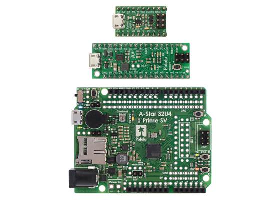 From top to bottom: A-Star 32U4 Micro, Mini&nbsp;SV, and Prime&nbsp;SV.