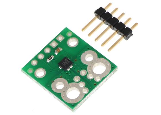 ACS711EX current sensor carrier with included 5&nbsp;&times;&nbsp;1 0.1″ header pins.