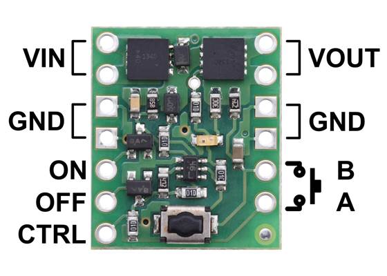 Pinout diagram of the Mini Pushbutton Power Switch with Reverse Voltage Protection.