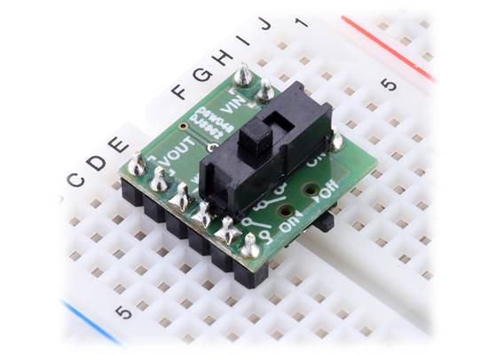 An example of using a different through-hole slide switch with the Mini MOSFET Slide Switch with Reverse Voltage Protection.