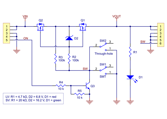 Schematic diagram of the Mini MOSFET Slide Switch with Reverse Voltage Protection.