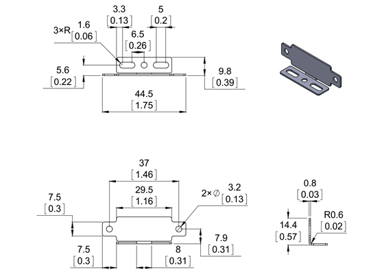 Dimension diagram of Bracket for Sharp GP2Y0A02, GP2Y0A21, and GP2Y0A41 Distance Sensors &#8211; Parallel. Units are mm over [inches].