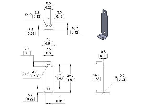 Dimension diagram of Bracket for Sharp GP2Y0A02, GP2Y0A21, and GP2Y0A41 Distance Sensors &#8211; Perpendicular. Units are mm over [inches].