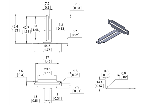 Dimension diagram of Bracket for Sharp GP2Y0A02, GP2Y0A21, and GP2Y0A41 Distance Sensors &#8211; Multi-Option. Units are mm over [inches].
