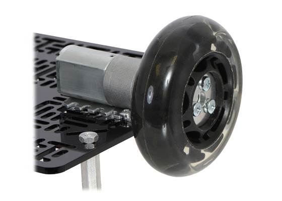 A 20D&nbsp;mm gearmotor connected to a scooter wheel by the 4&nbsp;mm scooter wheel adapter.