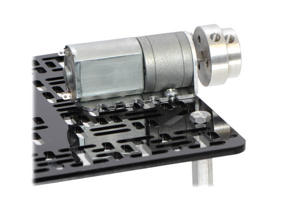 The machined piece of the 4&nbsp;mm scooter wheel adapter mounted to the output shaft of a 20D&nbsp;mm gearmotor. (1)