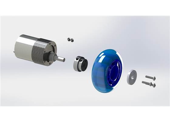 Exploded view of the scooter wheel adapter assembly with a gearmotor and scooter wheel.