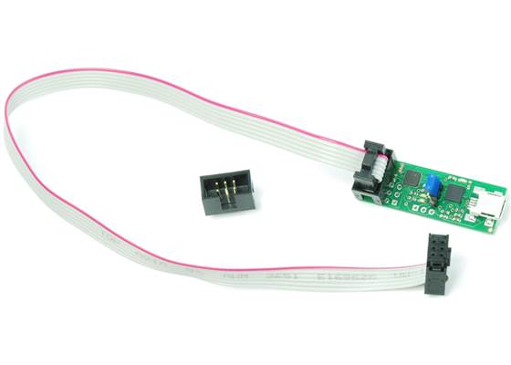 6-conductor ribbon cable with Orangutan USB programmer and 6-pin shrouded box header.