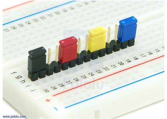 0.100&quot; (2.54 mm) shorting blocks of assorted colors on a 0.1&quot; header strip.