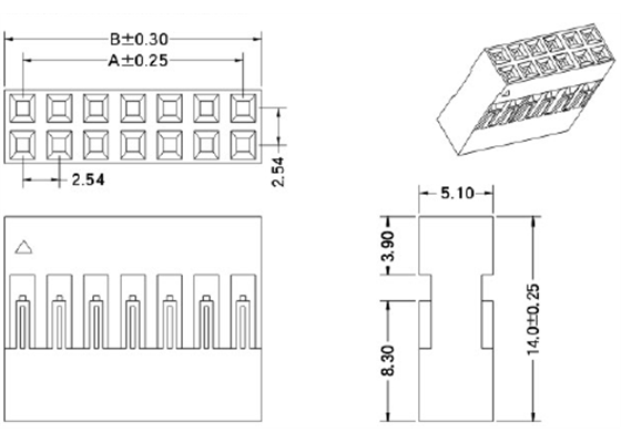Dimensions (in mm) for double-row 0.1&quot; crimp connector housings.