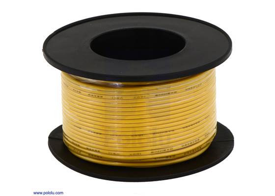 Stranded wire with yellow insulation (available in various gauges; 26&nbsp;AWG spool shown).