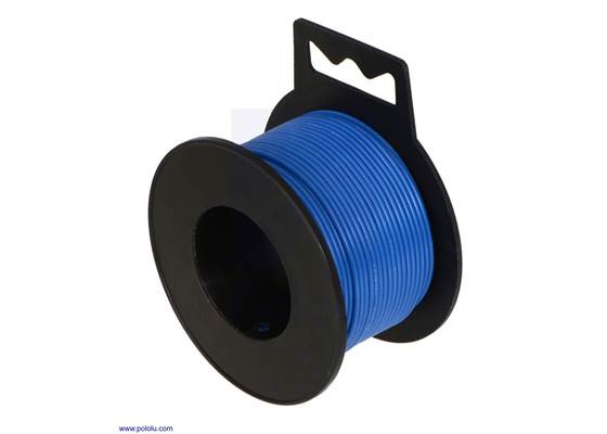 Stranded wire with blue insulation (available in various gauges; 26&nbsp;AWG spool shown).