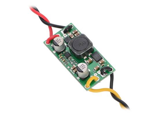 Pololu step-up/step-down voltage regulator S18V20x showing wires soldered directly to the board and passing through the mounting holes for strain relief.