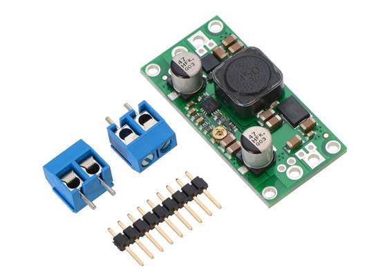 Pololu adjustable step-up/step-down voltage regulator S18V20AHV with included optional terminal blocks and header pins.