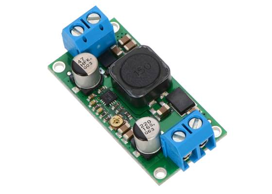 Pololu adjustable step-up/step-down voltage regulator S18V20ALV, assembled with included terminal blocks.
