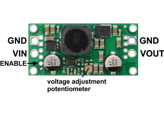 Pololu adjustable step-up/step-down voltage regulator S18V20Ax, labeled top view.