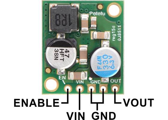 Pololu 5A Step-Down Voltage Regulator D24V50F5, top view with labeled pinout.