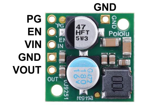 Pololu Step-Down Voltage Regulator D24V22Fx, top view with labeled pinout.