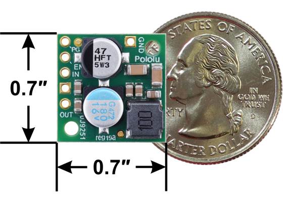 Pololu Step-Down Voltage Regulator D24V22Fx, top view with dimensions.