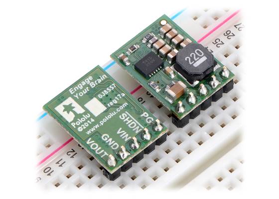 Pololu step-down voltage regulators D24V10Fx in a breadboard.