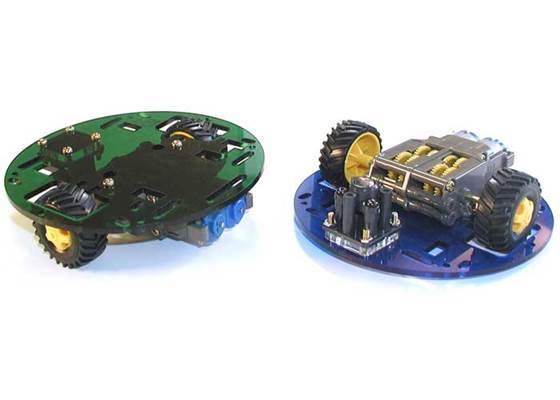 Pololu Round Robot Chassis RRC01A, top and bottom view, fully constructed with completion kit parts.