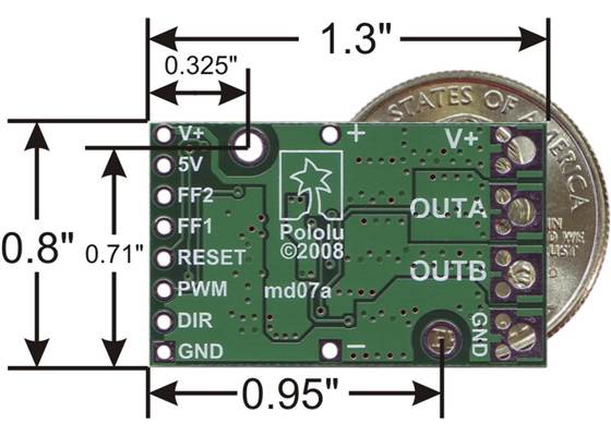 Bottom view of the Pololu high-power motor driver.