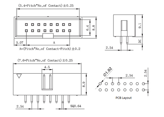 Dimensions for the shrouded male header in millimeters.