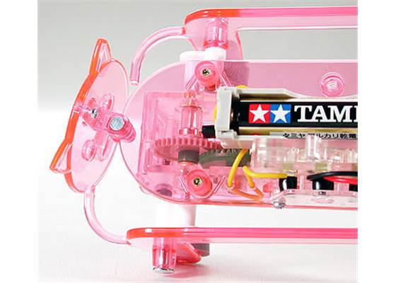 Tamiya 71111 Mechanical Pig head top view of head, gearbox, battery, and control switch.