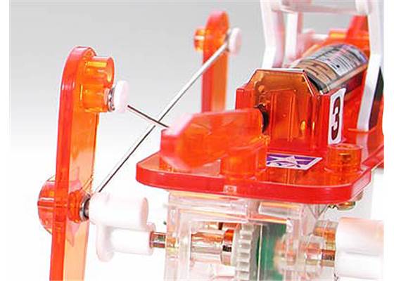 Tamiya 71112 Mechanical Racehorse back view of gearbox-driven crank and linkage rods.