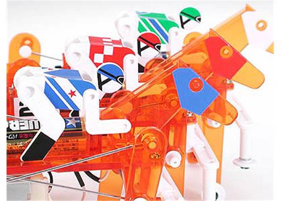 Three Tamiya 71112 Mechanical Racehorses lined up for a race (each identified by a unique set of stickers).