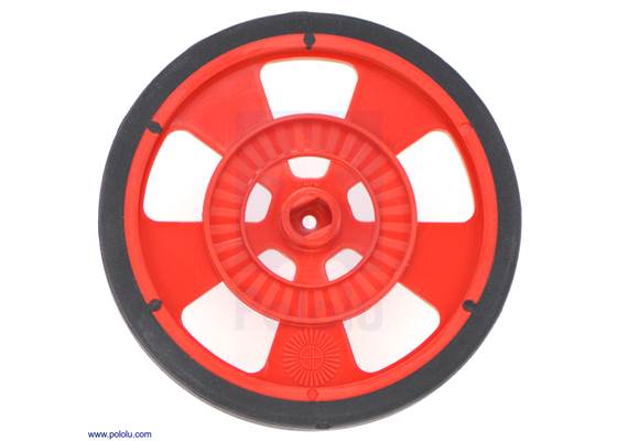 Red Solarbotics GMPW wheel with silicone tire.  This view shows the hub designed for the Solarbotics GM gearbox output shafts and the 64-stripe encoder pattern.