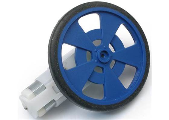 Solarbotics GMPW blue plastic wheel with molded tire and encoder stripes, mounted on a GM9 gearmotor.