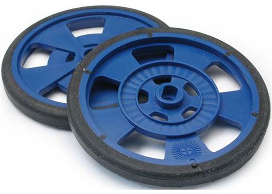 Solarbotics GMPW blue plastic wheel with molded tire and encoder stripes.
