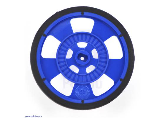 Blue Solarbotics GMPW wheel with silicone tire.  This view shows the hub designed for the Solarbotics GM gearbox output shafts and the 64-stripe encoder pattern.