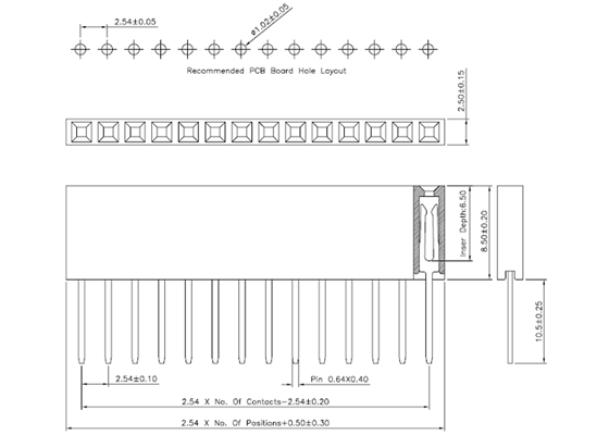 Dimensions (in mm) of  the stackable 0.100&quot; female header set for Arduino shields.