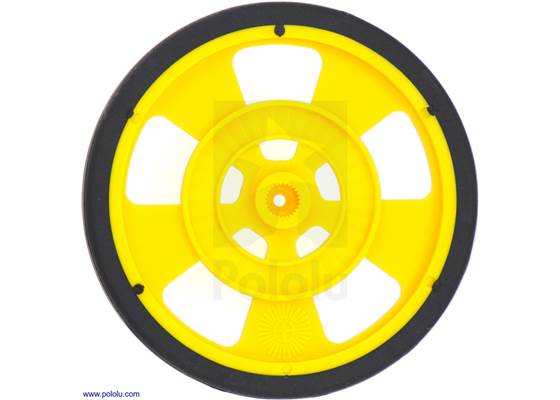 Yellow Solarbotics SW wheel with silicone tire. This view shows the hub designed for standard Futaba servos and the 64-stripe encoder pattern.