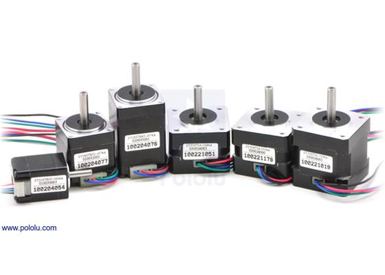 Bipolar stepper motors; from left to right: 20&#215;30, 28&#215;32, 28&#215;45, 35&#215;26, 35&#215;28, 35&#215;36mm.