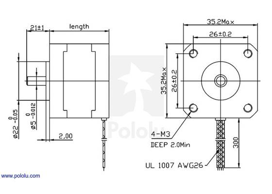 Dimensions (in mm) of 35mm square bipolar stepper motors.