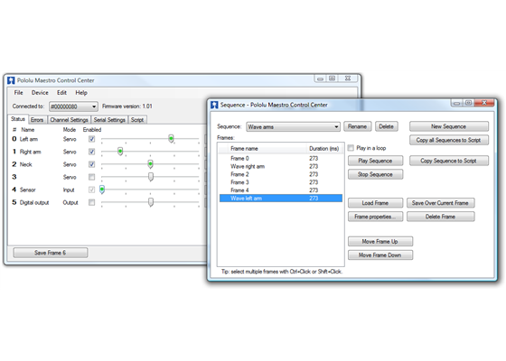 Creating a sequence of servo movements using the Maestro Control Center.