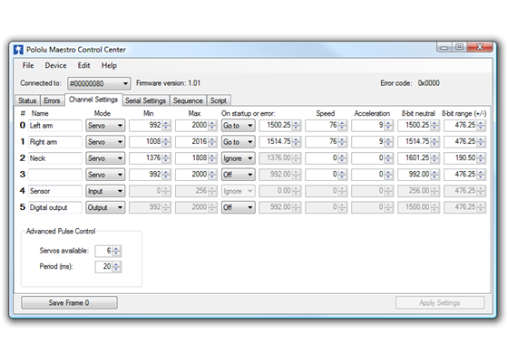 The Channel Settings tab in the Maestro Control Center.