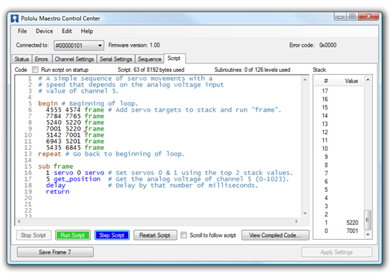 The Script tab in the Maestro Control Center.