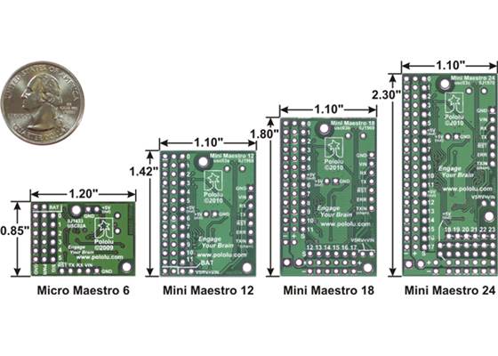Bottom view with dimensions (in inches) of Pololu Micro and Mini Maestro servo controllers.