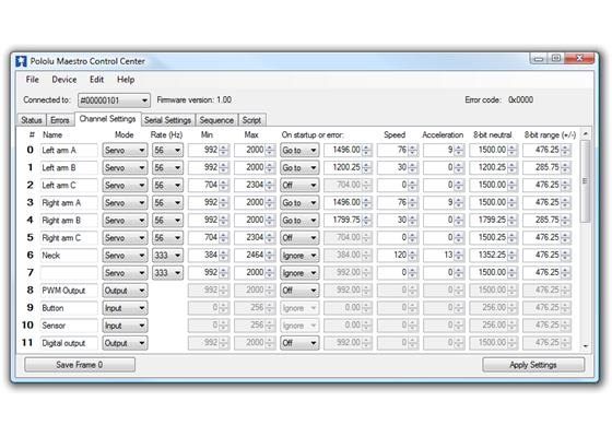 The Channel Settings tab in the Maestro Control Center.