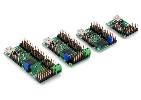 Maestro family of USB servo controllers: Mini 24, Mini 18, Mini 12, and Micro 6.